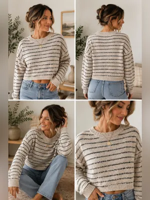 Altar'd State Striped Crewneck Sweater in Beige and Black thumbnail 2