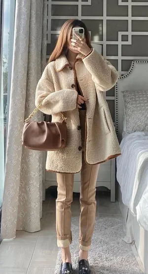 ZARA Tan Brown Cream Sherpa Suede Leather Button Down Coat Jacket thumbnail 2
