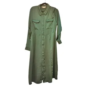 Lucky Brand Jewel Green Satin Shirt Dress XL Utility Long Sleeve Midi Pockets thumbnail 4