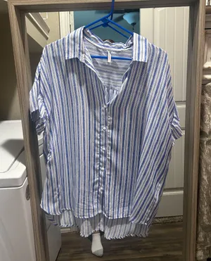 Boutique white blouse with blue stripes thumbnail 1