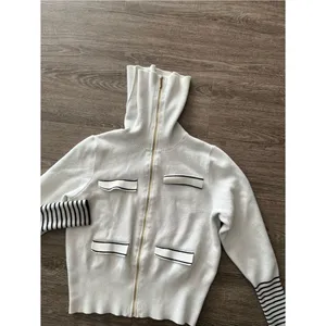 Marc New York Turtleneck Sweater Womens M Ivory White Full Zip Black Stripe Knit thumbnail 7