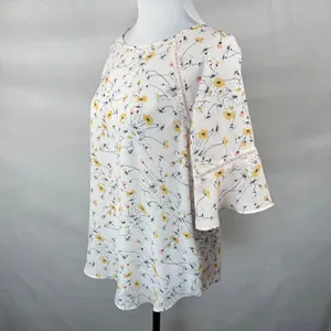 Loft Ladies Blouse Sz M Pink Floral Ruffle 3/4 Length Sleeve Ladder Trim Career thumbnail 3