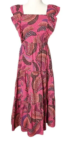 Farm Rio Wild Bananas Print Square Neck Ruffled Tiered Midi Dress Size Medium thumbnail 1