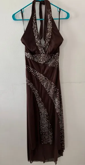 Vintage Y2K Rampage Womens Sequin Halter Dress Size Medium Brown Long Chiffon thumbnail 1