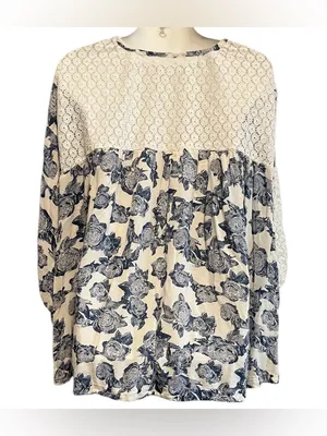 Free people White Floral Lace-Panel Women's Blouse thumbnail 3