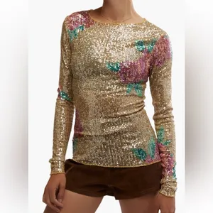Free People Gold Rush Floral Sequin Top, Champagne/Pink,‎ Medium, NWOT thumbnail 4