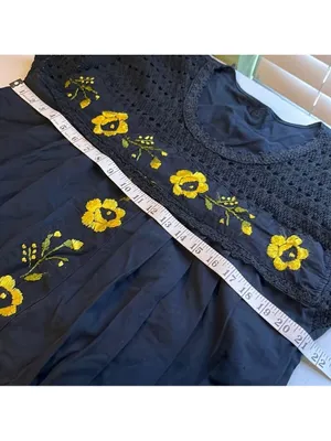 Vintage floral embroidered black dress embroidered yellow flowers Cottagecore thumbnail 5