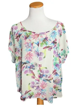 Womens Torrid Georgette White Floral Flowy Open Back Blouse Top - Sz 1 thumbnail 1