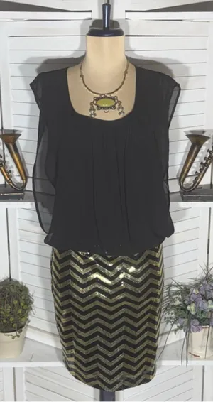 Guess mini cocktail dress black chiffon gold clubbing sequin pinup glam Y2K M thumbnail 1