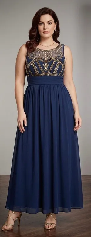 B Darlin Navy Maxi Dress with Gold Beaded Bodice thumbnail 1