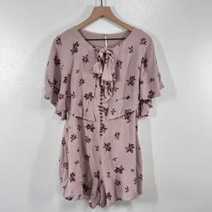 Free People Stealing Kiss Mauve Floral Romper Ruffle Flutter Sleeve‎ Tie Front M thumbnail 3