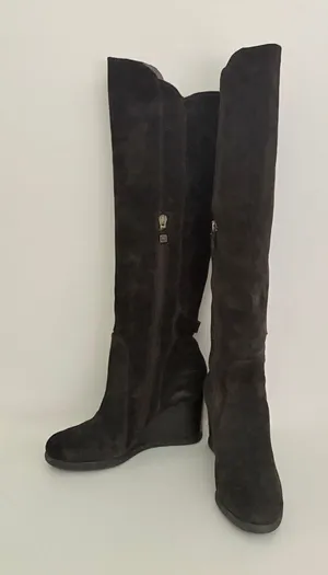ALBERTO FERMANI Brown Suede Knee High Wedge Boots Italy Italian Size 37.5 thumbnail 1