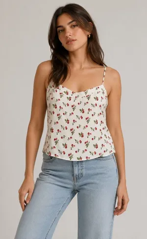 Abercrombie & Fitch Cami Top Women Large White Cherry Smocked Boho Tank Cottage thumbnail 1