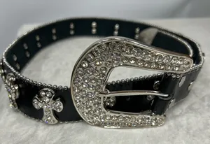 Y2K Crystal Embellished Black Belt western crosses studded motorcycle cowgirl thumbnail 1
