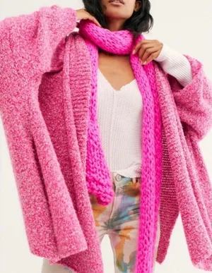 Free People Slouchy BFF Cardigan Large Pink Prickly Pear Oversized Boucle Knit thumbnail 1