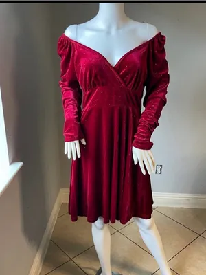 Velvet Wrap-Style Long Sleeve Dress in Deep Wine thumbnail 2