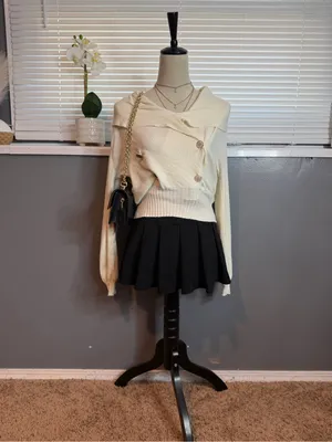 Source Unknown Ivory Asymmetrical Foldover Collar Sweater Small Gold Button Preppy Coquette thumbnail 2