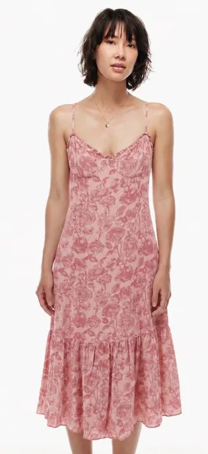 Aritzia Wilfred Broadway Ruffle‎ Slip Midi Dress Coral Rose Womens Size 8 thumbnail 1
