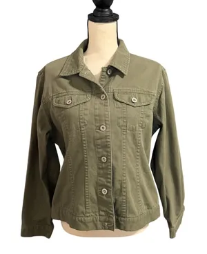 Eddie Bauer Wmns 100% Cotton Olive Green Denim Jean Jacket Sz M Classic Trucker thumbnail 1