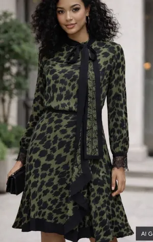 Reiss Katie‎ Animal Print Flippy Dress Green Black Long Sleeve Size 2 Loose Eye thumbnail 1