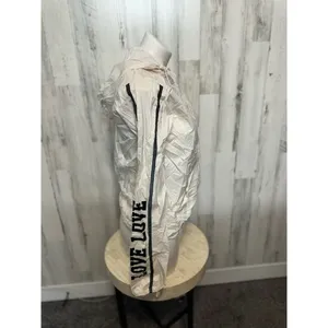90 Degree by Reflex Hooded Windbreaker Jacket Womens L White Love Stripe Zip thumbnail 2
