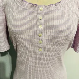 LOFT Women Lilac‎ Y2K Textured Waffle Scoopneck Pointelle Ruffle Henley Top Sz L thumbnail 2