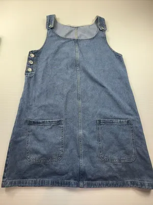 Ladies Blue Denim Sleeveless Jumper‎ Dress Medium Side Button Front Pockets thumbnail 1