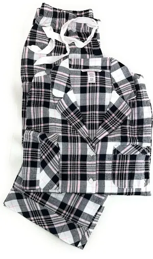 Victoria's Secret Flannel Plaid Pajamas - Black, White, Pink thumbnail 1