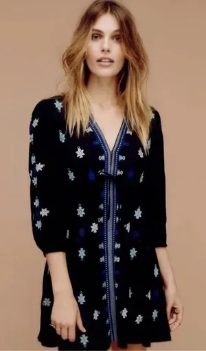 Free People Embroidered Mini Dress Black Boho Tunic Size M thumbnail 1