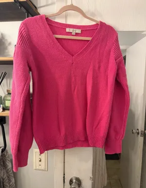 LOFT Hot Pink V-Neck Knit Sweater thumbnail 1