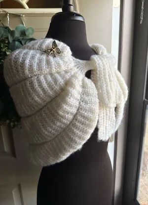 Vintage handmade knit cream sweater tie shoulder shawl, one size thumbnail 1