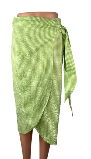 NEW Monki Women's Green Gingham Check High Rise Asymmetric Midi Wrap Skirt Sz 36 thumbnail 1