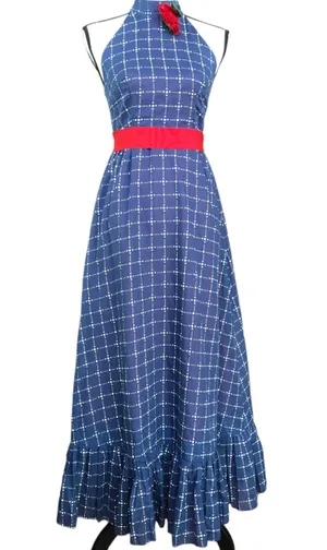 Vintage 70s House Of Bianchi Navy Blue Dot Check Maxi Dress Full Skirt Ruffle S thumbnail 1