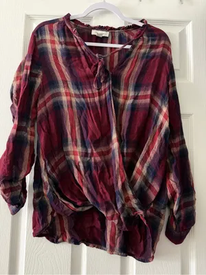 Vintage America Tiffany Plaid Surplice Blouse Roll Tab Sleeve Medium thumbnail 1