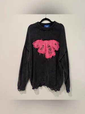 Aelfric Eden Distressed Black Pink Bow Knit Sweater XL thumbnail 2