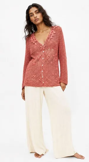 Women Crochet Cardigan Coverup Pink M Boho Cottagecore Fairy Boho Beachy Coastal thumbnail 1
