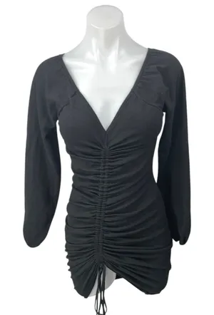 Princess Polly Black Ruched Long Sleeve Deep V Neck Mini Bodycon Dress Size XS/S thumbnail 1