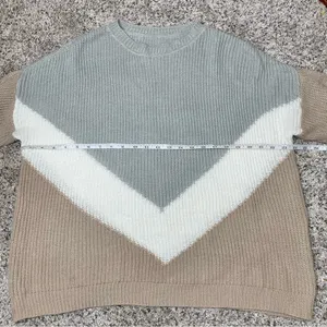Unbranded Tan Grey White Colorblock Long Sleeve Crewneck Knit Sweater thumbnail 6