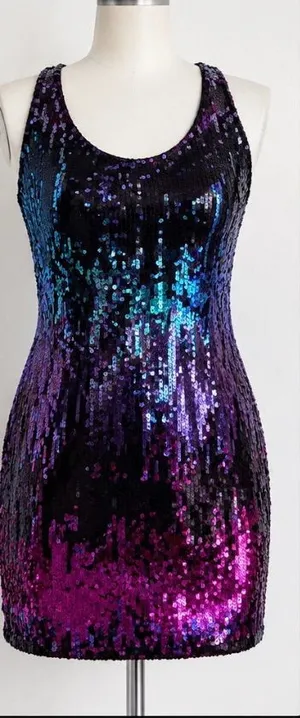 NWT Venus Sequin Bodycon Dress Medium Black Purple Pink Iridescent Party Dress thumbnail 1