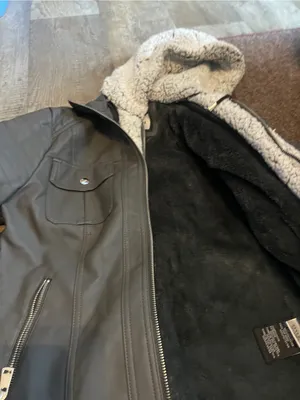 Novish Womens Gray Faux Leather Jacket with Sherpa Hood thumbnail 11