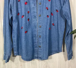 Mary Jane Lady Bug Beetle Embroidered Button Down Chambray Overshirt sz S Small thumbnail 4