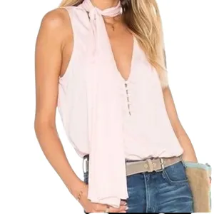 L'Academie Los Angeles Pink Sleeveless Tie Neck Blouse Top Medium M Button Front thumbnail 10