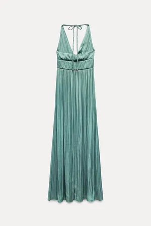 Zara maxi dress boho pleated Teal Evening Gown wedding party cocktail thumbnail 13