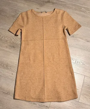ZARA Camel Knit Sweater Crew Neck Short Sleeve A-Line Dress‎ Size Small S thumbnail 1
