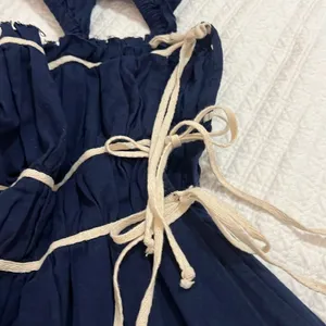 Navy Blue Smocked Ruffled Open Side tie Top thumbnail 3