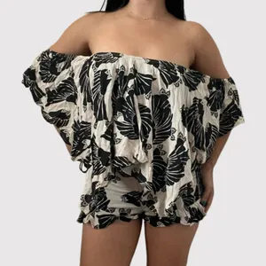 Free People Womens Top Beige Merpati Print Off The Shoulder Drapey Blouse Small thumbnail 1