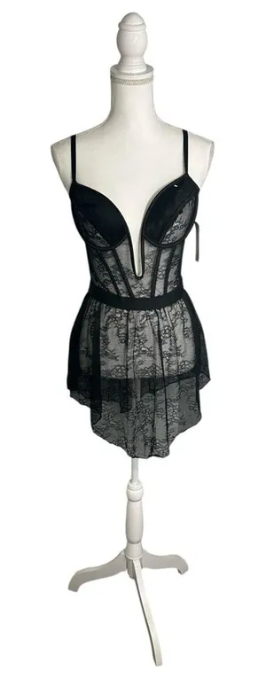 Roma Black Sheer Lace Babydoll Chemise with Plunge Cups thumbnail 1