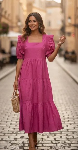 English Factory Square Neck Ruffle Smock Midi Dress Pink Sz XS NWT thumbnail 1