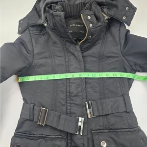 Zara Basic Black‎ Snap Button Pockets Full Zip Belted Lined Hooded Jacket Size M thumbnail 7