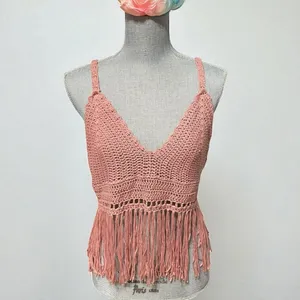 POL Crochet Fringe Crop Top Bralette – Boho Festival Tank, Dusty Rose Pink, Sz L thumbnail 2